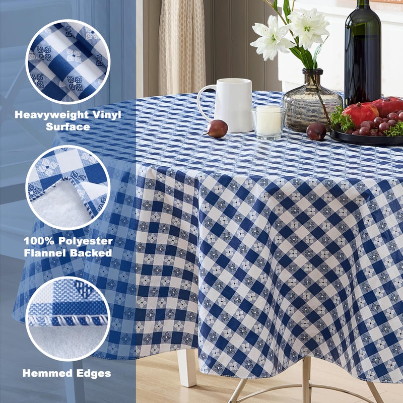 Newbridge 70 Inch Round Vinyl Tablecloth with Flannel Backing, Bistro Tavern Check, CafÃ© Checkered Indoor Outdoor Vinyl Table Cover for Picnic, Barbecue and Patio Dining, Blue - Image 4